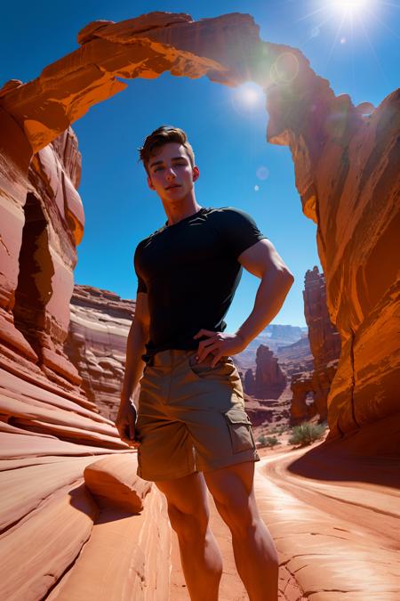 xyz_grid-0020-4241880474-tyson_dayley _lora_tyson_dayley-08_0.75_ wearing a fitted hiking shirt and shorts, hiking in Utah desert, natural lighting, gold.png